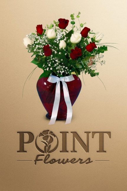 Kalpli Cam Vazoda Beyaz ve Kırmızı Güller ARJ0046