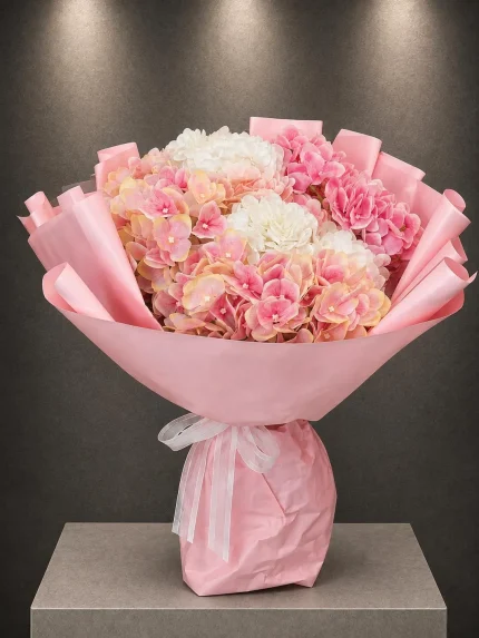 Pembe Masal Yapay Ortanca Buketi YPY0021 pembe beyaz yapay ortanca çiçek buketi