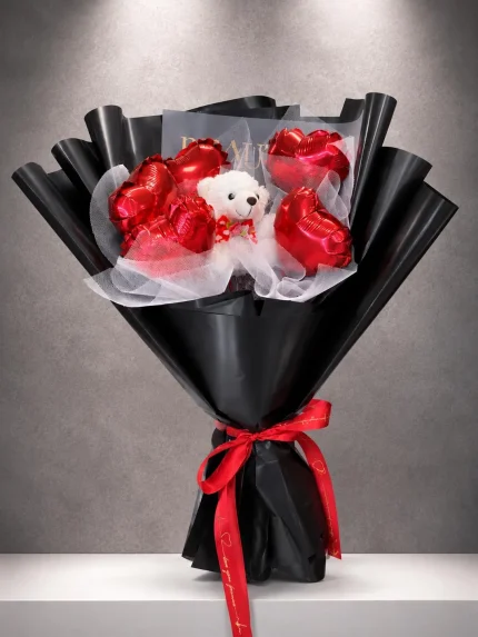 Kalbimin Ayıcığı Balonlu Peluş Buket kırmızı kalpli beyaz ayıcık romantik hediye