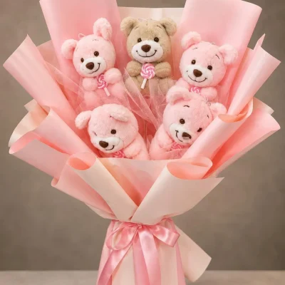 Şeker Rüyası Ayıcık Buketi pembe peluş ayıcıklar Buca Çiçekçi İzmir