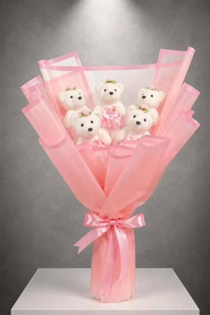 Pembe Elbiseli Ayıcık Buketi beyaz peluş ayıcıklar Buca Çiçekçi İzmir